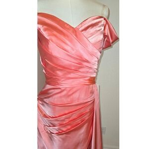 Coral Pink Satin Off Shoulder Ruched Draped Evening Gown Train sweetheart NWT 8